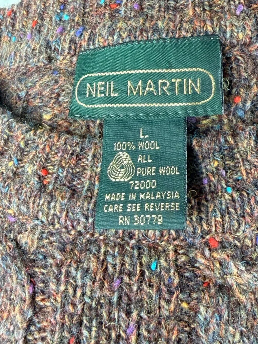 Neil Martin Mens L 100% Wool Cable Knit Sweater Brown Tweed Fleck Crewneck